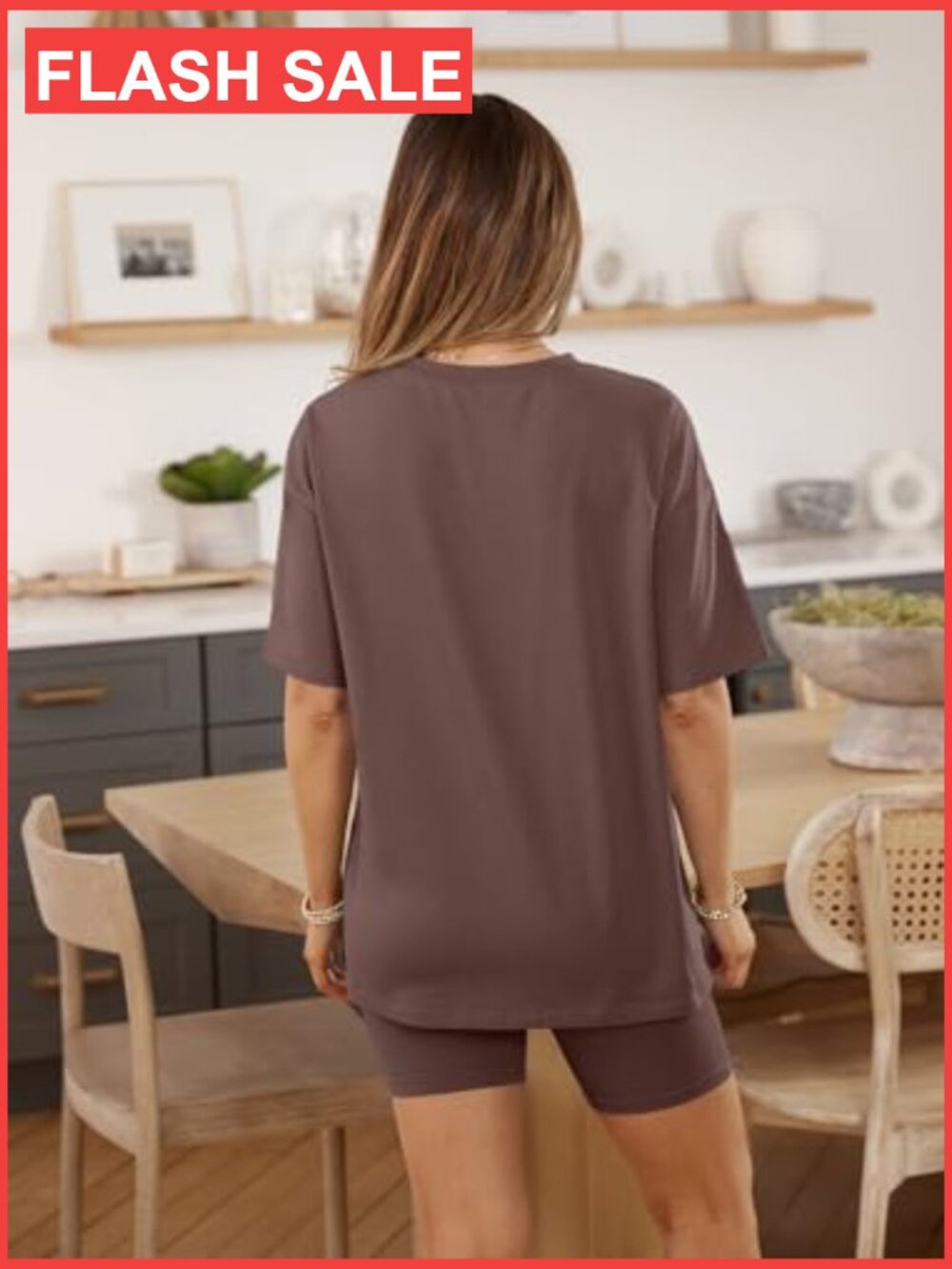 Oversized Tee & Biker Shorts Lounge Set, Cotton Spandex, Size Medium - Picture 4 of 6